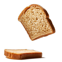 One delicious falling slice of bread on white background