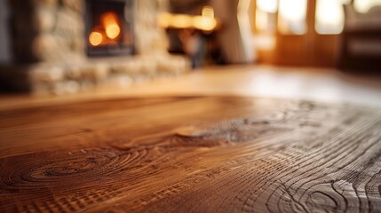 Wall Mural - Close up macro shot of a corner wooden table in a room with selective focus