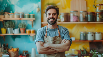 Man in work clothes aids home repairs in a clean, sunny environment.

