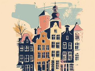 Risograph colorful riso print travel poster, card, wallpaper or banner illustration, modern, isolated, clear, simple of Utrecht, Netherlands. Artistic, screen printing, stencil