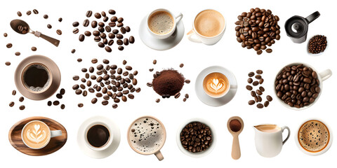 collection of coffee beans and cups, various coffee-related items, isolated on a white or transparen