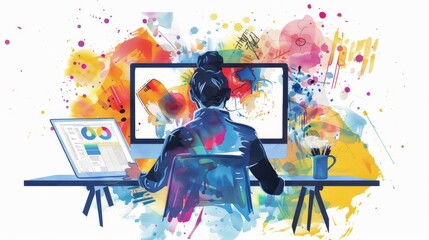 A woman sitting at a desk in front of a computer working on a design project. She is surrounded by colorful splashes of paint, symbolizing creativity, inspiration, and the process of design. She is fo