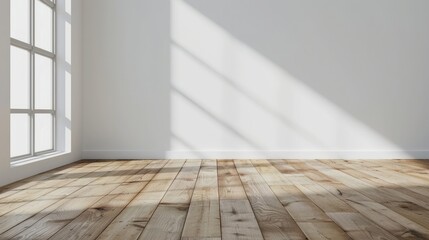 Blank white wall and hardwood floor with space for text