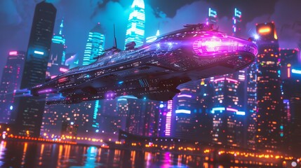 A futuristic spaceship hovers above a vibrant cityscape, illuminating the neon-lit buildings with its powerful engines.  The image symbolizes technology, progress, and the potential of the future. - A