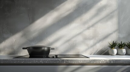 Wall Mural - A minimalist kitchen countertop with a black pot on an induction stovetop, illuminated by natural sunlight streaming through a window, symbolizing simplicity, functionality, and culinary inspiration. 