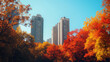 © Natali08 - Autumn cityscape with skyscrapers and vibrant foliage.