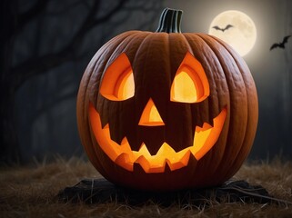 a scary carved halloween pumpkin lit up at night with full moon surrounded by grass trees and bats