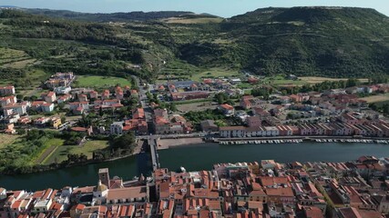 Wall Mural - Aerial view of Bosa, a small colourful town near Oristano, Sardinia island, Italy.