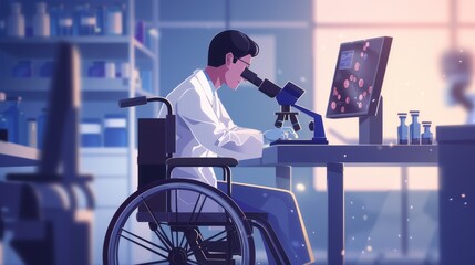 Wall Mural - A determined scientist in a wheelchair uses a microscope to examine a sample, symbolizing scientific progress, resilience, inclusivity, innovation, and hope. - A determined scientist in a wheelchair u