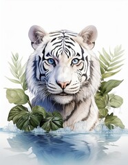 Poster - Portrait of a beautifull white tiger in the water on a neutral white background 