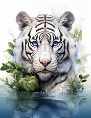 Poster - Portrait of a beautifull white tiger in the water with flowers on a neutral white background 