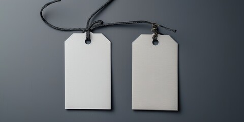 two empty white price tags on a grey background 