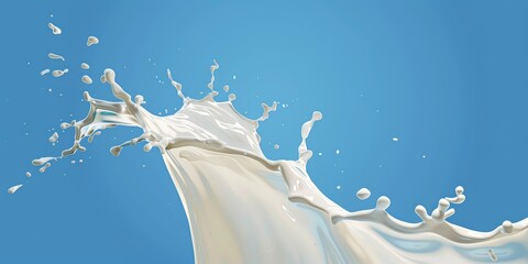 Wall Mural -  splattered milk splash, pouring white liquid flow for low, full, skimmed fat dairy products over blue clean isolated background as wide commercial banner design with copyspace