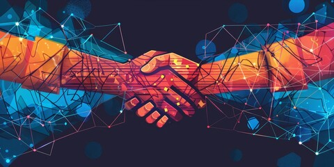 Wall Mural - illustration of corporate partnerships and collaborations, handshake with digital network background