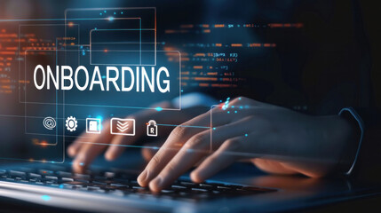 The hand of a businessman using a laptop with security icons and the text 