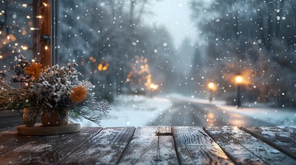 Wall Mural - A serene winter scene featuring softly falling snow, a rustic wooden table adorned with flowers, and a blurred view of a snowy street illuminated by streetlights. 