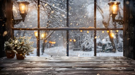 a cozy winter scene viewed through a window, featuring snow-covered trees, softly glowing lanterns, 