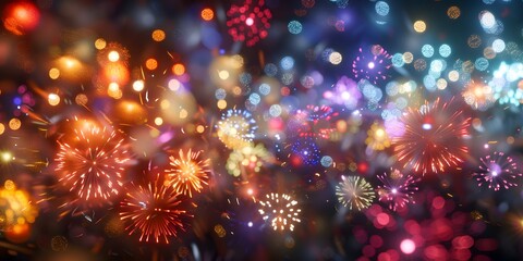 Wall Mural - a vibrant display of colorful fireworks bursting against a blurred background of shimmering lights, 