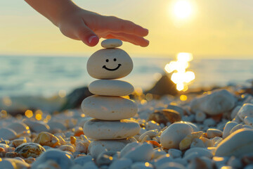 The sun sets as a hand places a pebble on a stacked tower of stones with a smiley face, creating a picturesque seaside moment.