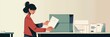 © Vadym - Organized woman sits at desk surrounded by papers, envelopes. She wears red shirt, has her hair tied back. Illustration features flat colors, clean lines, perfect for political or election theme.