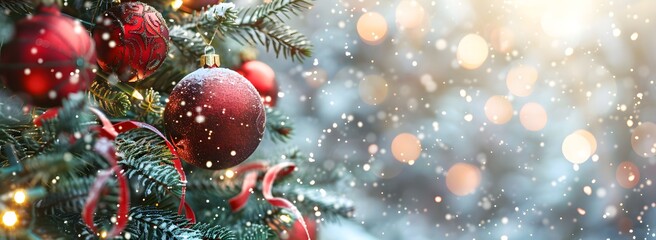 A beautifully decorated Christmas tree adorned with red ornaments, set against a softly blurred snowy background illuminated by warm bokeh lights. 