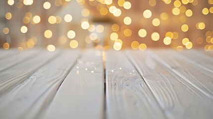 Wall Mural - a beautifully blurred background featuring warm, glowing bokeh lights above a textured wooden surfac