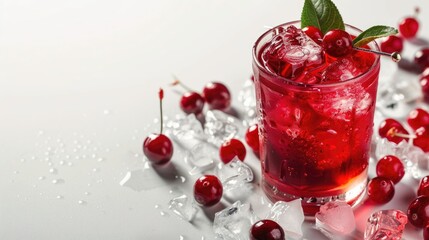 Garnished cocktail with cherry fresh cranberry juice and ice isolated view with text space