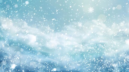 a serene winter scene with softly falling snowflakes against a dreamy blue background, creating a ma