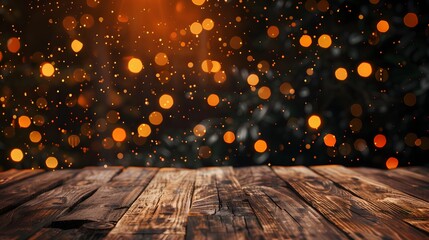 Wall Mural - a beautifully blurred background of warm golden bokeh lights with a rustic wooden tabletop in the fo