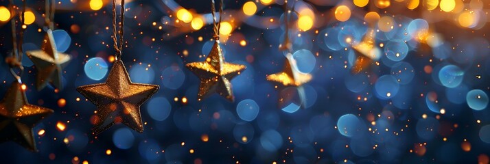 Wall Mural - a dreamy bokeh background features sparkling golden stars against a backdrop of soft blue and warm l