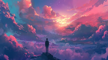 The image is a beautiful landscape with a man standing on a cliff, looking out over a sea of clouds.