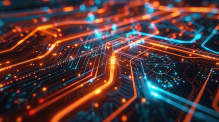 futuristic circuit board with orange and blue line neon glowing light. generative AI