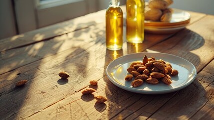 Canvas Print - Almonds on white plate and oil bottles on wooden table