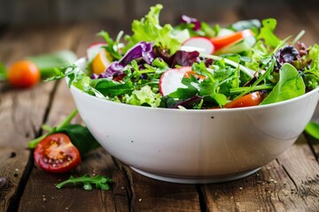 Healthy Organic Mixed Salad in White Bowl on Rustic Wooden Table - Nutritious Vegan Meal, Fresh Garden Produce, Dietary Food Concept - generative ai