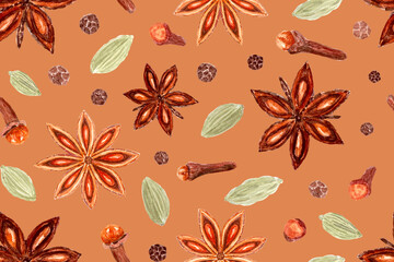 Star anise, cardamom, clove, black pepper watercolor seamless pattern on caramel background. Spices with detailed texture, shades. Perfect for culinary, kitchen textile, wrapping paper, spice