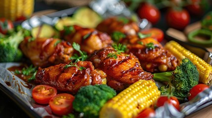 Wall Mural - Grilled chicken wings garnished with herbs, served alongside fresh vegetables like broccoli, cherry tomatoes, and corn, ideal for a hearty meal.