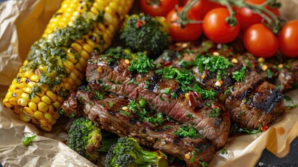 Wall Mural - Grilled steak with vegetables on parchment paper