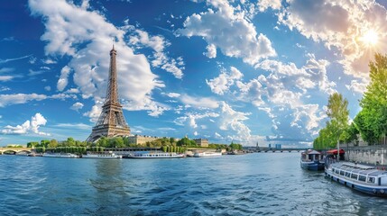 A beautiful day with clear blue skies highlights the majestic Eiffel Tower and its reflection on the Seine River, showcasing the grandeur and timeless allure of Paris.