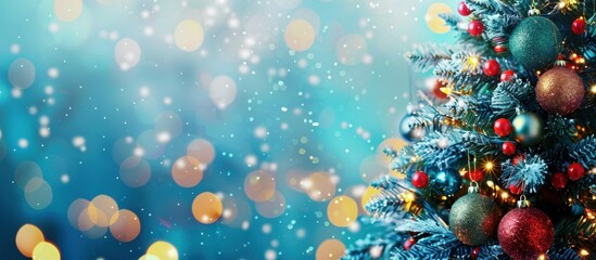 Wall Mural - Christmas tree with colorful decorations on a blue background with bokeh lights Generative AI