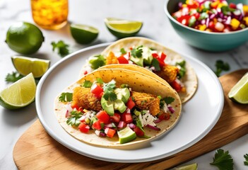 Canvas Print - crispy fish tacos fresh salsa white mexican street food cuisine concept, delicious, gourmet, appetizing, tasty, savory, seasoned, traditional, homemade