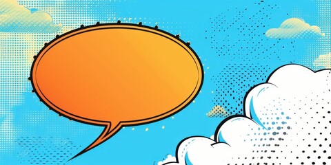 Colorful comic style speech bubble with blue sky background.