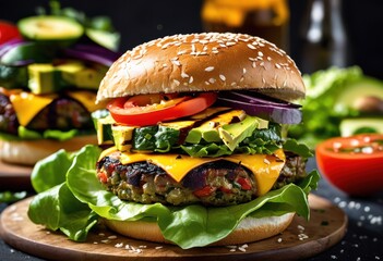 Wall Mural - delicious grilled vegetable burger fresh ingredients sesame seed bun, healthy, tasty, vegetarian, meal, lunch, dinner, homemade, cooking, recipe, barbecue