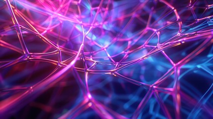 An abstract digital background featuring a web of intertwined pink and blue lines