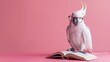 © art-mix - White parrot in glasses reading book on pink studio background with copy space, concept of school education and knowledge