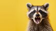© art-mix - Shocked raccoon with opened mouth and big eyes, portrait on yellow studio background with free space. Concept of surprising offer, news