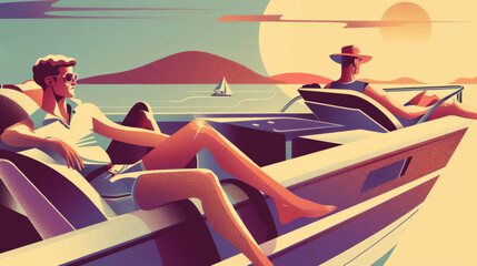 Wall Mural - Two people are relaxing on a boat or a speedboat at sea