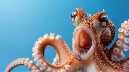 Wall Mural - Funny shocked octopus with opened mouth and big eyes, portrait on blue studio background with copy space