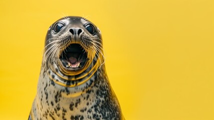 Wall Mural - Funny shocked seal with opened mouth and big eyes, portrait over yellow background with copy space, for amazing news and offers promotion