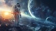 © Dinara - This is an image of an astronaut standing on a planet looking at a blue and white planet in the distance.