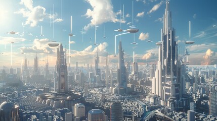 an advanced city skyline featuring floating platforms, towering structures, and a dynamic, clear sky